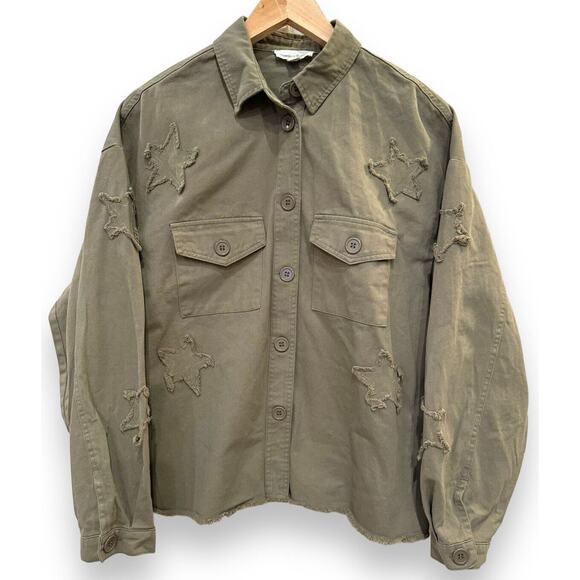 Newbury Kustom Women's Army Olive Green Short Utility Jacket M Button Up Stars - Picture 2 of 8